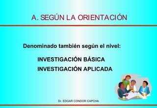 A. SEGÚN LA ORIENTACIÓN

Denominado también según el nivel:
INVESTIGACIÓN BÁSICA
INVESTIGACIÓN APLICADA

Dr. EDGAR CONDOR CAPCHA

 