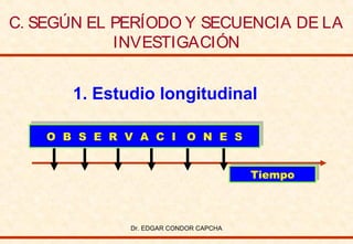 C. SEGÚN EL PERÍODO Y SECUENCIA DE LA
INVESTIGACIÓN

1. Estudio longitudinal
O B S E R V A C
O N E S
O B S E R V A C II O N E S
Tiempo
Tiempo

Dr. EDGAR CONDOR CAPCHA

 
