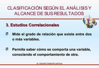 CLASIFICACIÓN SEGÚN EL ANÁLISIS Y
ALCANCE DE SUS RESULTADOS
3. Estudios Correlacionales


Mide el grado de relación que existe entre dos
o más variables.



Permite saber cómo se comporta una variable,
conociendo el comportamiento de otra.
Dr. EDGAR CONDOR CAPCHA

 