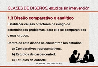 CLASES DE DISEÑOS, estudios sin intervención
1.3 Diseño comparativo o analítico
Establecer causas o factores de riesgo de
determinados problemas, para ello se comparan dos
o más grupos.
Dentro de este diseño se encuentran los estudios:
a) Comparativos representativos.
b) Estudios de casos-control.
c) Estudios de cohorte.
Dr. EDGAR CONDOR CAPCHA

 