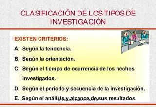CLASIFICACIÓN DE LOS TIPOS DE
INVESTIGACIÓN
EXISTEN CRITERIOS:
A. Según la tendencia.
B. Según la orientación.
C. Según el tiempo de ocurrencia de los hechos
investigados.
D. Según el período y secuencia de la investigación.
E. Según el análisis y alcance de sus resultados.
Dr. EDGAR CONDOR CAPCHA

 