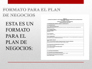 ESTA ES UN
FORMATO
PARA EL
PLAN DE
NEGOCIOS:

 