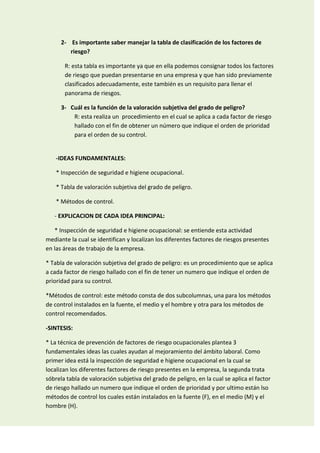 2- Es importante saber manejar la tabla de clasificación de los factores de
riesgo?
R: esta tabla es importante ya que en ella podemos consignar todos los factores
de riesgo que puedan presentarse en una empresa y que han sido previamente
clasificados adecuadamente, este también es un requisito para llenar el
panorama de riesgos.
3- Cuál es la función de la valoración subjetiva del grado de peligro?
R: esta realiza un procedimiento en el cual se aplica a cada factor de riesgo
hallado con el fin de obtener un número que indique el orden de prioridad
para el orden de su control.

-IDEAS FUNDAMENTALES:
* Inspección de seguridad e higiene ocupacional.
* Tabla de valoración subjetiva del grado de peligro.
* Métodos de control.
- EXPLICACION DE CADA IDEA PRINCIPAL:
* Inspección de seguridad e higiene ocupacional: se entiende esta actividad
mediante la cual se identifican y localizan los diferentes factores de riesgos presentes
en las áreas de trabajo de la empresa.
* Tabla de valoración subjetiva del grado de peligro: es un procedimiento que se aplica
a cada factor de riesgo hallado con el fin de tener un numero que indique el orden de
prioridad para su control.
*Métodos de control: este método consta de dos subcolumnas, una para los métodos
de control instalados en la fuente, el medio y el hombre y otra para los métodos de
control recomendados.
-SINTESIS:
* La técnica de prevención de factores de riesgo ocupacionales plantea 3
fundamentales ideas las cuales ayudan al mejoramiento del ámbito laboral. Como
primer idea está la inspección de seguridad e higiene ocupacional en la cual se
localizan los diferentes factores de riesgo presentes en la empresa, la segunda trata
sóbrela tabla de valoración subjetiva del grado de peligro, en la cual se aplica el factor
de riesgo hallado un numero que indique el orden de prioridad y por ultimo están lso
métodos de control los cuales están instalados en la fuente (F), en el medio (M) y el
hombre (H).

 