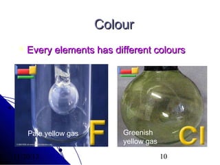 Colour
 Every

elements has different colours

Pale yellow gas
11/20/13

Greenish
yellow gas
10

 
