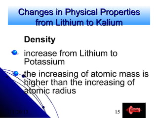 Changes in Physical Properties
from Lithium to Kalium
Density
increase from Lithium to
Potassium
the increasing of atomic mass is
higher than the increasing of
atomic radius
11/20/13

15

 