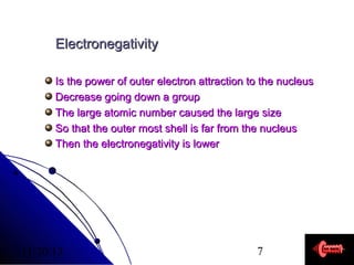 Electronegativity
Is the power of outer electron attraction to the nucleus
Decrease going down a group
The large atomic number caused the large size
So that the outer most shell is far from the nucleus
Then the electronegativity is lower

11/20/13

7

 