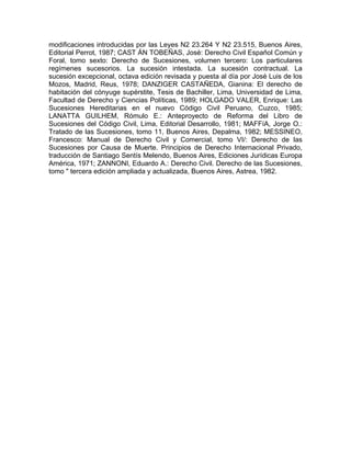 modificaciones introducidas por las Leyes N2 23.264 Y N2 23.515, Buenos Aires,
Editorial Perrot, 1987; CAST ÁN TOBEÑAS, José: Derecho Civil Español Común y
Foral, tomo sexto: Derecho de Sucesiones, volumen tercero: Los particulares
regímenes sucesorios. La sucesión intestada. La sucesión contractual. La
sucesión excepcional, octava edición revisada y puesta al día por José Luis de los
Mozos, Madrid, Reus, 1978; DANZIGER CASTAÑEDA, Gianina: El derecho de
habitación del cónyuge supérstite, Tesis de Bachiller, Lima, Universidad de Lima,
Facultad de Derecho y Ciencias Políticas, 1989; HOLGADO VALER, Enrique: Las
Sucesiones Hereditarias en el nuevo Código Civil Peruano, Cuzco, 1985;
LANATTA GUILHEM, Rómulo E.: Anteproyecto de Reforma del Libro de
Sucesiones del Código Civil, Lima, Editorial Desarrollo, 1981; MAFFíA, Jorge O.:
Tratado de las Sucesiones, tomo 11, Buenos Aires, Depalma, 1982; MESSINEO,
Francesco: Manual de Derecho Civil y Comercial, tomo VI/: Derecho de las
Sucesiones por Causa de Muerte. Principios de Derecho Internacional Privado,
traducción de Santiago Sentís Melendo, Buenos Aires, Ediciones Jurídicas Europa
América, 1971; ZANNONI, Eduardo A.: Derecho Civil. Derecho de las Sucesiones,
tomo " tercera edición ampliada y actualizada, Buenos Aires, Astrea, 1982.

 