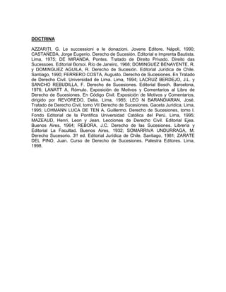 DOCTRINA
AZZARITI, G. Le successioni e le donazioni. Jovene Editore. Nápoli, 1990;
CASTAÑEDA, Jorge Eugenio. Derecho de Sucesión. Editorial e Imprenta Bautista.
Lima, 1975; DE MIRANDA, Pontes. Tratado de Direito Privado. Direito das
Sucessoes. Editorial Borsoi. Río de Janeiro, 1968; DOMINGUEZ BENAVENTE, R.
y DOMINGUEZ AGUILA, R. Derecho de Sucesión. Editorial Jurídica de Chile.
Santiago, 1990; FERRERO COSTA, Augusto. Derecho de Sucesiones. En Tratado
de Derecho Civil. Universidad de Lima. Lima, 1994; LACRUZ BERDEJO, J.L. y
SANCHO REBUDILLA, F. Derecho de Sucesiones. Editorial Bosch. Barcelona,
1976; LANATT A, Rómulo. Exposición de Motivos y Comentarios al Libro de
Derecho de Sucesiones. En Código Civil. Exposición de Motivos y Comentarios,
dirigido por REVOREDO, Delia. Lima, 1985; LEO N BARANDIARAN, José.
Tratado de Derecho Civil, tomo VII Derecho de Sucesiones. Gaceta Jurídica, Lima,
1995; LOHMANN LUCA DE TEN A, Guillermo. Derecho de Sucesiones, tomo l.
Fondo Editorial de la Pontifica Universidad Católica del Perú. Lima, 1995;
MAZEAUD, Henri, Leon y Jean. Lecciones de Derecho Civil. Editorial Ejea.
Buenos Aires, 1964; REBORA, J.C. Derecho de las Sucesiones. Librería y
Editorial La Facultad. Buenos Aires, 1932; SOMARRIVA UNDURRAGA, M.
Derecho Sucesorio. 3!! ed. Editorial Jurídica de Chile. Santiago, 1981; ZARATE
DEL PINO, Juan. Curso de Derecho de Sucesiones. Palestra Editores. Lima,
1998.

 