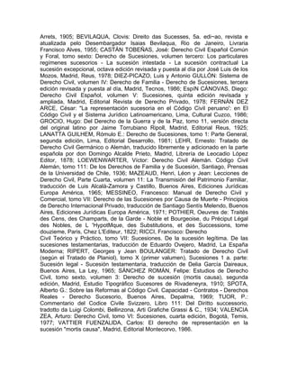 Arrets, 1905; BEVILAQUA, Clovis: Direito das Sucesses, 5a. edi~ao, revista e
atualizada pelo Desembargador Isaias Bevilaqua, Rio de Janeiro, Livraria
Francisco Alves, 1955; CASTÁN TOBEÑAS, José: Derecho Civil Español Común
y Foral, tomo sexto: Derecho de Sucesiones, volumen tercero: Los particulares
regímenes sucesorios - La sucesión intestada - La sucesión contractual La
sucesión excepcional, octava edición revisada y puesta al día por José Luis de los
Mozos, Madrid, Reus, 1978; DIEZ-PICAZO, Luis y Antonio GULLÓN: Sistema de
Derecho Civil, volumen IV: Derecho de Familia - Derecho de Sucesiones, tercera
edición revisada y puesta al día, Madrid, Tecnos, 1986; EspíN CÁNOVAS, Diego:
Derecho Civil Español, volumen V: Sucesiones, quinta edición revisada y
ampliada, Madrid, Editorial Revista de Derecho Privado, 1978; FERNÁN DEZ
ARCE, César: "La representación sucesoria en el Código Civil peruano': en El
Código Civil y el Sistema Jurídico Latinoamericano, Lima, Cultural Cuzco, 1986;
GROCIO, Hugo: Del Derecho de la Guerra y de la Paz, tomo 11, versión directa
del original latino por Jaime Torrubiano Ripoll, Madrid, Editorial Reus, 1925;
LANATTA GUILHEM, Rómulo E.: Derecho de Sucesiones, tomo 1: Parte General,
segunda edición, Lima, Editorial Desarrollo, 1981; LEHR, Ernesto: Tratado de
Derecho Civil Germánico o Alemán, traducido libremente y adicionado en la parte
española por don Domingo Alcalde Prieto, Madrid, Librería de Leocadio López
Editor, 1878; LOEWENWARTER, Víctor: Derecho Civil Alemán. Código Civil
Alemán, tomo 111: De los Derechos de Familia y de Sucesión, Santiago, Prensas
de la Universidad de Chile, 1936; MAZEAUD, Henri, Léon y Jean: Lecciones de
Derecho Civil, Parte Cuarta, volumen 11: La Transmisión del Patrimonio Familiar,
traducción de Luis Alcalá-Zamora y Castillo, Buenos Aires, Ediciones Jurídicas
Europa América, 1965; MESSINEO, Francesco: Manual de Derecho Civil y
Comercial, tomo VII: Derecho de las Sucesiones por Causa de Muerte - Principios
de Derecho Internacional Privado, traducción de Santiago Sentís Melendo, Buenos
Aires, Ediciones Jurídicas Europa América, 1971; POTHIER, Oeuvres de: Traités
des Cens, des Champarts, de la Garde - Noble et Bourgeoise, du Préciput Légal
des Nobles, de L 'HypotMque, des Substitutions, et des Successions, tome
douzieme, Paris, Chez L'Editeur, 1822; RICCI, Francisco: Derecho
Civil Teórico y Práctico, tomo VII: Sucesiones. De la sucesión legítima. De las
sucesiones testamentarias, traducción de Eduardo Ovejero, Madrid, La España
Moderna; RIPERT, Georges y Jean BOULANGER: Tratado de Derecho Civil
(según el Tratado de Planiol), tomo X (primer valumen), Sucesiones 1 a. parte:
Sucesión legal - Sucesión testamentaria, traducción de Delia García Daireaux,
Buenos Aires, La Ley, 1965; SÁNCHEZ ROMÁN, Felipe: Estudios de Derecho
Civil, tomo sexto, volumen 3: Derecho de sucesión (mortis causa), segunda
edición, Madrid, Estudio Tipográfico Sucesores de Rivadeneyra, 1910; SPOTA,
Alberto G.: Sobre las Reformas al Código Civil. Capacidad - Contratos - Derechos
Reales - Derecho Sucesorio, Buenos Aires, Depalma, 1969; TUOR, P.:
Commentario del Codice Civile Svizzero, Libro 111: Del Diritto successorio,
tradotto da Luigi Colombi, Bellinzona, Arti Grafiche Grassi & C., 1934; VALENCIA
ZEA, Arturo: Derecho Civil, tomo VI: Sucesiones, cuarta edición, Bogotá, Temis,
1977; VATTIER FUENZALlDA, Carlos: El derecho de representación en la
sucesión "mortis causa", Madrid, Editorial Montecorvo, 1986.

 