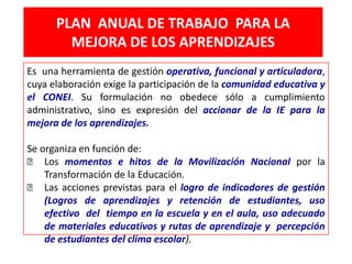 PLAN ANUAL DE TRABAJO PARA LA
MEJORA DE LOS APRENDIZAJES
Es una herramienta de gestión operativa, funcional y articuladora,
cuya elaboración exige la participación de la comunidad educativa y
el CONEI. Su formulación no obedece sólo a cumplimiento
administrativo, sino es expresión del accionar de la IE para la
mejora de los aprendizajes.
Se organiza en función de:
 Los momentos e hitos de la Movilización Nacional por la
Transformación de la Educación.
 Las acciones previstas para el logro de indicadores de gestión
(Logros de aprendizajes y retención de estudiantes, uso
efectivo del tiempo en la escuela y en el aula, uso adecuado
de materiales educativos y rutas de aprendizaje y percepción
de estudiantes del clima escolar).

 