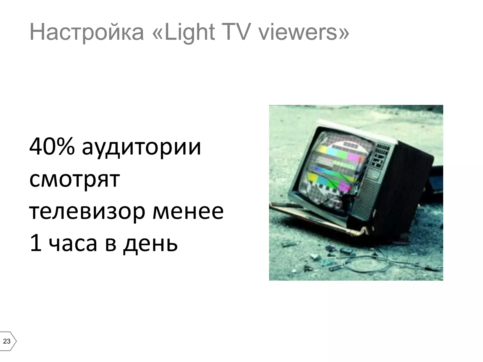 Настройка «Light TV viewers»

40% аудитории
смотрят
телевизор менее
1 часа в день

23

 