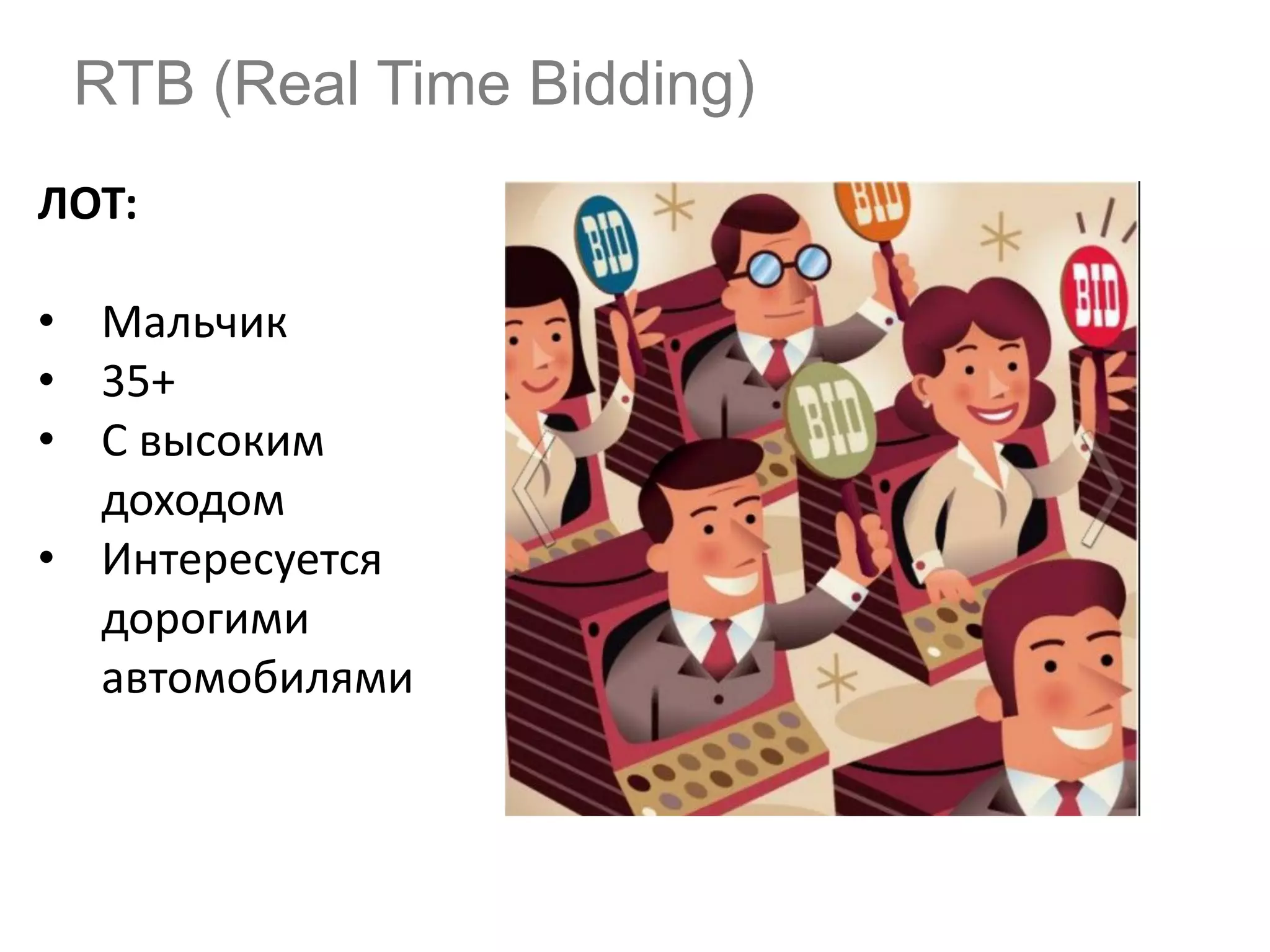 RTB (Real Time Bidding)
ЛОТ:
• Мальчик
• 35+
• С высоким
доходом
• Интересуется
дорогими
автомобилями

 