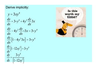 Derive implicitly:
y = 3xy4
dy
dx
= 3× y4
+4y3 dy
dx
3x
dy
dx
- 4y3 dy
dx
×3x = 3× y4
dy
dx
1- 4y3
3x
( )= 3× y4
dy
dx
1-12xy3
( )=3×y4
dy
dx
=
3×y4
1-12xy3
( )
 