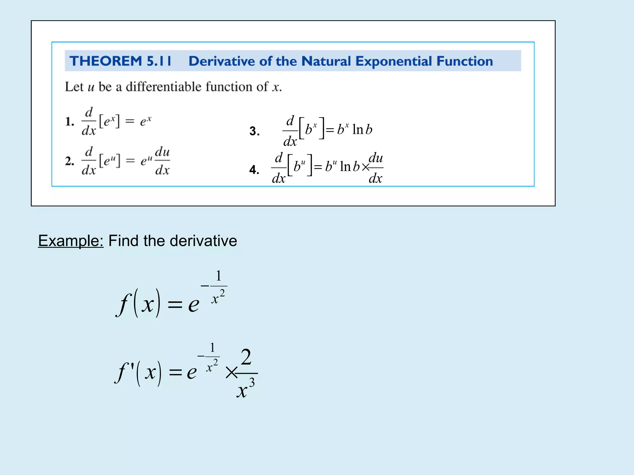 d  x x
b  = b ln b
dx
d  u u
du
4.
b  = b ln b ×
dx
dx
3.

Example: Find the derivative

f ( x) = e
f '( x) = e

−

−

1
x2

1
x2

2
× 3
x

 