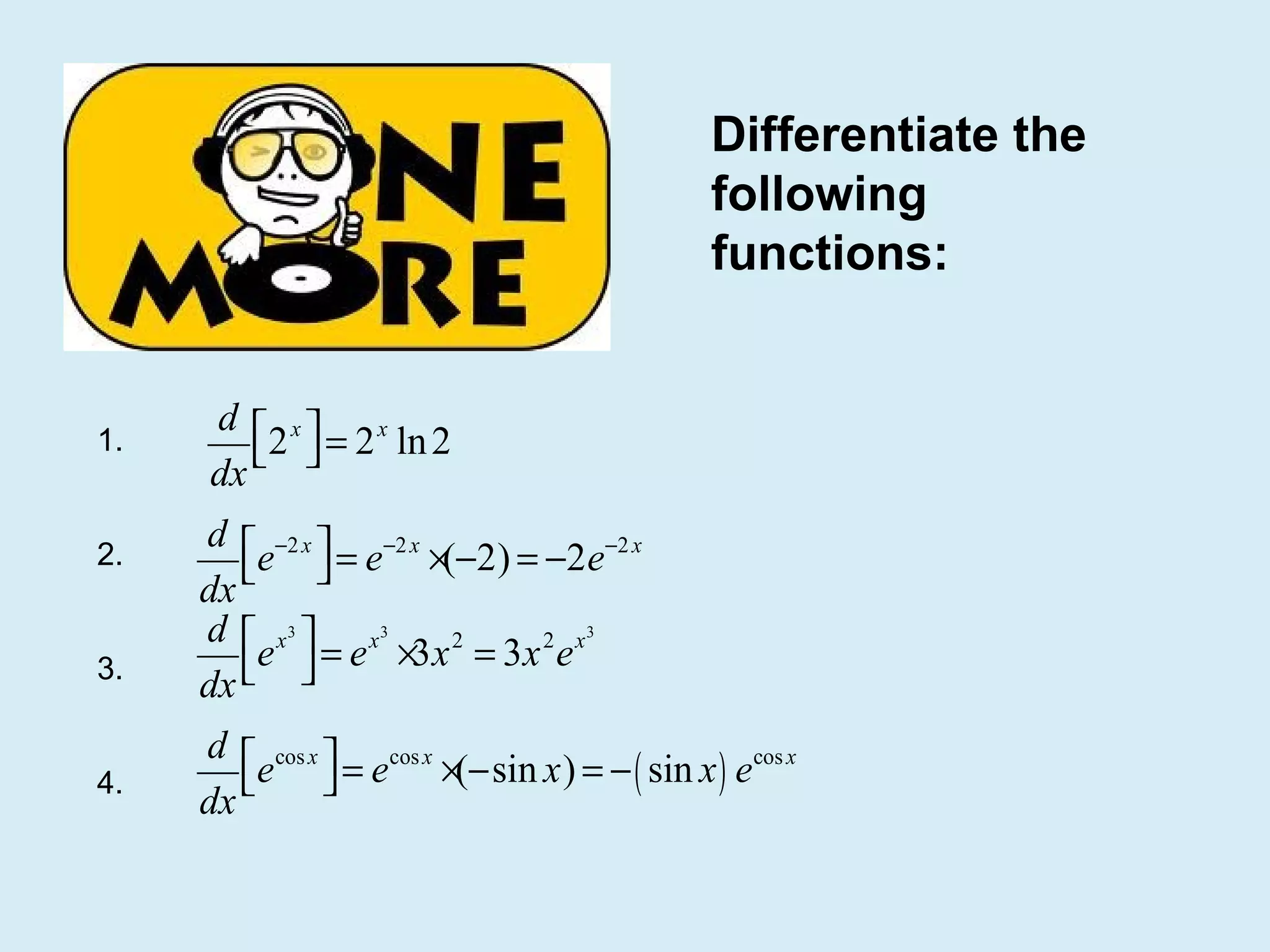 Differentiate the
following
functions:

1.
2.
3.
4.

d  x x
2  = 2 ln 2
dx
d  −2 x  −2 x
e  = e ×(−2) = −2e−2 x

dx
d  x3  x3
2
2 x3
e  = e ×3x = 3x e
dx
d  cos x  cos x
e  = e ×(−sin x) = − ( sin x ) ecos x

dx

 