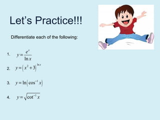 Let’s Practice!!!
Differentiate each of the following:
1.
ex
y=
ln x
2.
y = ( x + 3)
3.
y = ln ( cos−1 x )
4.
y = cot −1 x
2
ln x