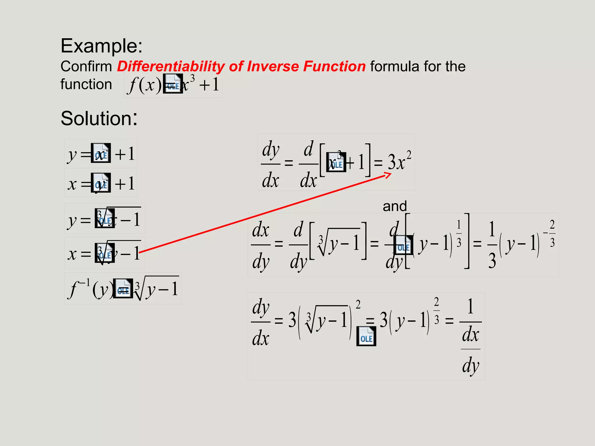 Example:
Confirm Differentiability of Inverse Function formula for the
function f (x) = x 3 +1

Solution:
y = x 3 +1
x = y3 +1

y = x −1
3

x = 3 y −1
f −1 (y) = 3 y −1

dy d  3 
=  x + 1 = 3x 2
dx dx
and

1
2
dx d  3
d
1
−
=  y − 1 =  ( y − 1) 3  = ( y − 1) 3
 dy 
 3
dy dy

(

)

2
2
dy
1
3 y−1 = 3 y−1 3 =
=3
( ) dx
dx
dy

 