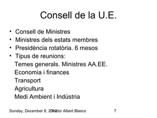 Consell de la U.E.
•
•
•
•

Consell de Ministres
Ministres dels estats membres
Presidència rotatòria. 6 mesos
Tipus de reunions:
Temes generals. Ministres AA.EE.
Economia i finances
Transport
Agricultura
Medi Ambient i Indústria

Sunday, December 8, 2013
Doctor Albert Blasco

7

 