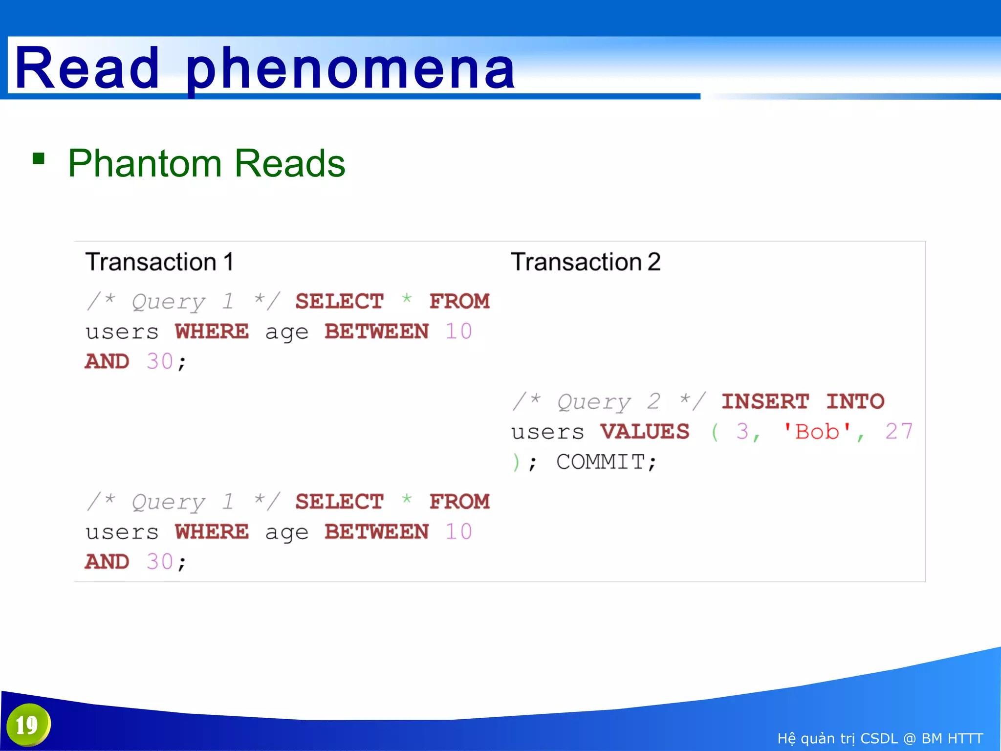Read phenomena
 Phantom Reads

19

Hệ quản trị CSDL @ BM HTTT

 