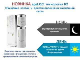 НОВИНКА ageLOC: технология R2
Очищение клеток и восстановление их жизненной
силы

НОЧЬ
ОБНОВЛЯЕТ и очищает во
время сна

ДЕНЬ
Перезапускаются группы генов,
связанные с очищением клеток и
производством клеточной энергии

ПЕРЕЗАРЯЖАЕТ и придает
энергию во время
бодрствования

 