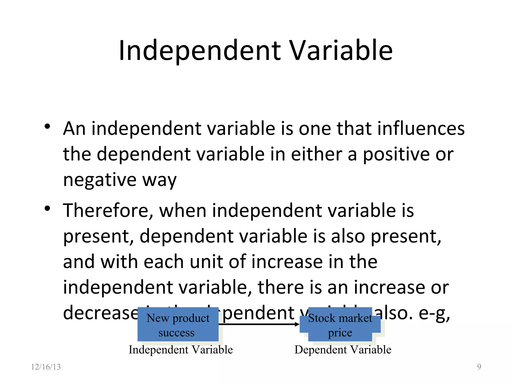 Independent Variable
• An independent variable is one that influences
the dependent variable in either a positive or
negative way
• Therefore, when independent variable is
present, dependent variable is also present,
and with each unit of increase in the
independent variable, there is an increase or
decrease in the dependent variable also. e-g,
New product
Stock market
New product
Stock market
success
success
Independent Variable

12/16/13

price
price
Dependent Variable

9

 
