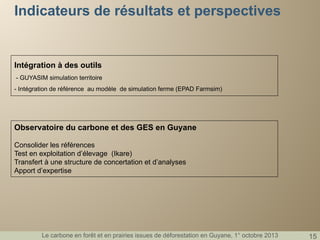 Indicateurs de résultats et perspectives

Intégration à des outils
- GUYASIM simulation territoire
- Intégration de référence au modèle de simulation ferme (EPAD Farmsim)

Observatoire du carbone et des GES en Guyane
Consolider les références
Test en exploitation d’élevage (Ikare)
Transfert à une structure de concertation et d’analyses
Apport d’expertise

Le carbone en forêt et en prairies issues de déforestation en Guyane, 1° octobre 2013

15

 