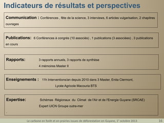 Indicateurs de résultats et perspectives
Communication : Conférences , fête de la science, 3 interviews, 6 articles vulgarisation, 2 chapitres
ouvrages

Publications:

6 Conférences à congrés (10 associés) , 1 publications (3 associées) , 3 publications

en cours

Rapports:

3 rapports annuels, 3 rapports de synthèse
4 mémoires Master II

Enseignements :

11h Interventions/an depuis 2010 dans 3 Master, Enita Clermont,
Lycée Agricole Macouria BTS

Expertise:

Schémas Régionaux du Climat de l'Air et de l'Energie Guyane (SRCAE)
Expert UICN Groupe outre-mer

.
Le carbone en forêt et en prairies issues de déforestation en Guyane, 1° octobre 2013

16

 