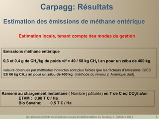 Carpagg: Résultats
Estimation des émissions de méthane entérique
Estimation locale, tenant compte des modes de gestion

Emissions méthane entérique
0,3 et 0,4 g de CH4/kg de poids vif = 40 / 58 kg CH4 / an pour un zébu de 400 kg.
valeurs obtenues par méthodes indirectes sont plus faibles que les facteurs d’émissions GIEC
53/ 66 kg CH4 / an pour un zébu de 400 kg (méthode du niveau 2 Amérique Sud).

Ramené au chargement instantané ( Nombre j pâturés) en T de C éq CO2/ha/an
ETVM : 0.98 T C / Ha
Bio Savane:
0.5 T C / Ha
Le carbone en forêt et en prairies issues de déforestation en Guyane, 1° octobre 2013

5

5

 