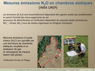 Mesures émissions N2O en chambres statiques
(INRA UREP)

Les émissions de N2O sont essentiellement dépendant des apports azotés qui conditionnent
en partie l’activité des micro-organismes du sol.
(processus de dénitrification et nitrification dépendent de substrats azotés (ammonium,
NH4+ ; nitrate, NO3-) issus de résidus organiques ou d’engrais chimiques)

Mesures émissions d’oxyde
nitreux (N2O) sur parcelle par
une technique de chambres
statiques couplées à un
analyseur de gaz
(2 campagnes de mesure
saison des pluies)
Collaboration Ecofog (JC Roggy)

Le carbone en forêt et en prairies issues de déforestation en Guyane, 1° octobre 2013

8

8

 