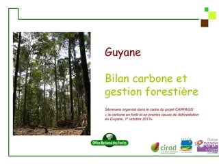 Guyane
Bilan carbone et
gestion forestière
Séminaire organisé dans le cadre du projet CARPAGG
« le carbone en forêt et en prairies issues de déforestation
en Guyane, 1° octobre 2013»

 