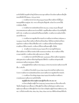 14
มาสโลวยังเชือวามนุษยสวนใหญ ยังไมสามารถบรรลุความตองการในระดับความตองการที่จะรูจัก
่

ตนเองที่แทจริงได (Maslow, 1954, pp. 80-84)
1. ความตองการทางรางกาย (Physiological Needs) เปนความตองการขันพื้นฐาน
้
ของมนุษยเพื่อความอยูรอด เชน อาหาร เครื่องนุงหม ที่อยูอาศัย ยารักษาโรค อากาศ น้ําดื่ม
การพักผอน เปนตน
2. ความตองการความปลอดภัยและมั่นคง (Security or Safety Needs) เมื่อมนุษย
สามารถตอบสนองความตองการทางรางกายไดแลว มนุษยก็จะเพิ่มความตองการในระดับที่สูงขึ้น
ตอไป เชน ความตองการความปลอดภัยในชีวิตและทรัพยสิน ความตองการความมั่นคงในชีวิต
และหนาที่การงาน
3. ความตองการความผูกพันหรือการยอมรับ (ความตองการทางสังคม) (Affiliation or
Acceptance Needs) เปนความตองการเปนสวนหนึ่งของสังคม ซึ่งเปนธรรมชาติอยางหนึ่งของ
มนุษย เชน ความตองการใหและไดรับซึ่งความรัก ความตองการเปนสวนหนึ่งของหมูคณะ
ความตองการไดรับการยอมรับ การตองการไดรับความชื่นชมจากผูอื่น เปนตน
4. ความตองการการยกยอง (Esteem Needs) หรือ ความภาคภูมิใจในตนเอง
เปนความตองการการไดรับการยกยอง นับถือ และสถานะจากสังคม เชน ความตองการไดรับ
ความเคารพนับถือ ความตองการมีความรูความสามารถ เปนตน

5. ความตองการความสําเร็จในชีวิต (Self- actualization) เปนความตองการสูงสุดของ
แตละบุคคล เชน ความตองการที่จะทําทุกสิ่งทุกอยางไดสําเร็จ ความตองการทําทุกอยางเพื่อ
ตอบสนองความตองการของตนเอง เปนตน
จากทฤษฎีลาดับขั้นความตองการของ Maslow (1954) สามารถแบงความตองการออกได
ํ
เปน 2 ระดับ คือ
1. ความตองการในระดับต่ํา (Lower Order Needs) ประกอบดวยความตองการทาง
รางกาย ความตองการความปลอดภัยและมั่นคง และความตองการความผูกพันหรือการยอมรับ
2. ความตองการในระดับสูง (Higher Order Needs) ประกอบดวย ความตองการ
การยกยองและความตองการความสําเร็จในชีวิต
ทฤษฎีเกี่ยวกับการคนหาพฤติกรรมของผูบริโภค คือ 6 Ws และ 1 H

การวิเคราะหพฤติกรรมผูบริโภค (Analyzing Consumer Behavior) เปนการคนหาหรือ
วิจัยเกี่ยวกับพฤติกรรมการซื้อและการใชของผูบริโภค เพื่อทราบถึงลักษณะความตองการและ
พฤติกรรมการซื้อและการใชของผูบริโภค ในการวิเคราะหพฤติกรรมผูบริโภคจะอาศัยคําถาม 6 Ws
และ 1 H ซึ่งประกอบดวย Who, What, Why, When, Where และ How เพื่อคนหาลักษณะที่เกี่ยวกับ

 