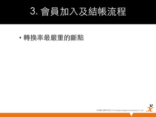 3. 會員加入及結帳流程	
•  轉換率最嚴重的斷點	

悠識數位顧問有限公司 UserXper Digital Consulting Co., Ltd.


 