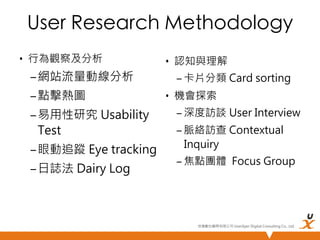 User Research Methodology	
•  行為觀察及分析

– 網站流量動線分析
– 點擊熱圖 
– 易用性研究 Usability
Test
– 眼動追蹤 Eye tracking
– 日誌法 Dairy Log

•  認知與理解
– 卡片分類 Card sorting
•  機會探索
– 深度訪談 User Interview
– 脈絡訪查 Contextual
Inquiry
– 焦點團體 Focus Group

悠識數位顧問有限公司 UserXper Digital Consulting Co., Ltd.


 
