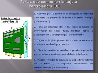 1.- Conector para la ranura: es el encargado de transmitir
datos entre los puertos de la tarjeta y la tarjeta principal
("Motherboard").
2.- Panel de conectores IDE / FD: tienen la función de
interconectar

los

discos

duros,

unidades

ópticas

ó

disqueteras con la tarjeta principal ("Motherboard").
3.- Tarjeta: es la placa plástica sobre la cual se encuentran
montados todos los chips y circuitos.
4.- Placa de sujeción: es metálica y permite soportar los
puertos así como la sujeción hacia el chasis del gabinete.
5.- Puertos: permiten la conexión de dispositivos externos
con

la

tarjeta

y

su

respectiva

la tarjeta principal ("Motherboard").

comunicación

con

 