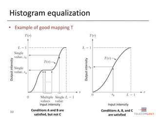 Histogram equalization

Output intensity

Output intensity

• Example of good mapping T

Input intensity

33

Conditions A and B are
satisfied, but not C

Input intensity
Conditions A, B, and C
are satisfied

 