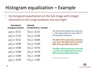 Histogram equalization – Example
• Do histogram equalization on the 5x5 image with integer
intensities in the range between one and eight
Normalised
histogram function

Intensity
transformation function

p (r1 )  0.32
p (r2 )  0.16

T (r2 )  0.48

p (r3 )  0.12

T (r3 )  0.60

p (r4 )  0.08

T (r4 )  0.68

p (r5 )  0.08

T (r5 )  0.76

p (r6 )  0.00

T (r6 )  0.76

p (r7 )  0.04

T (r7 )  0.80

p (r8 )  0.20
40

T (r1 )  0.32

T (r8 )  1.00

The 32% of the pixels have intensity
r1. We expect them to cover 32% of
the possible intensities.
The 48% of the pixels have intensity
r2 or less. We expect them to cover
48% of the possible intensities.
The 60% of the pixels have intensity
r3 or less. We expect them to cover
60% of the possible intensities.
……………………………

 
