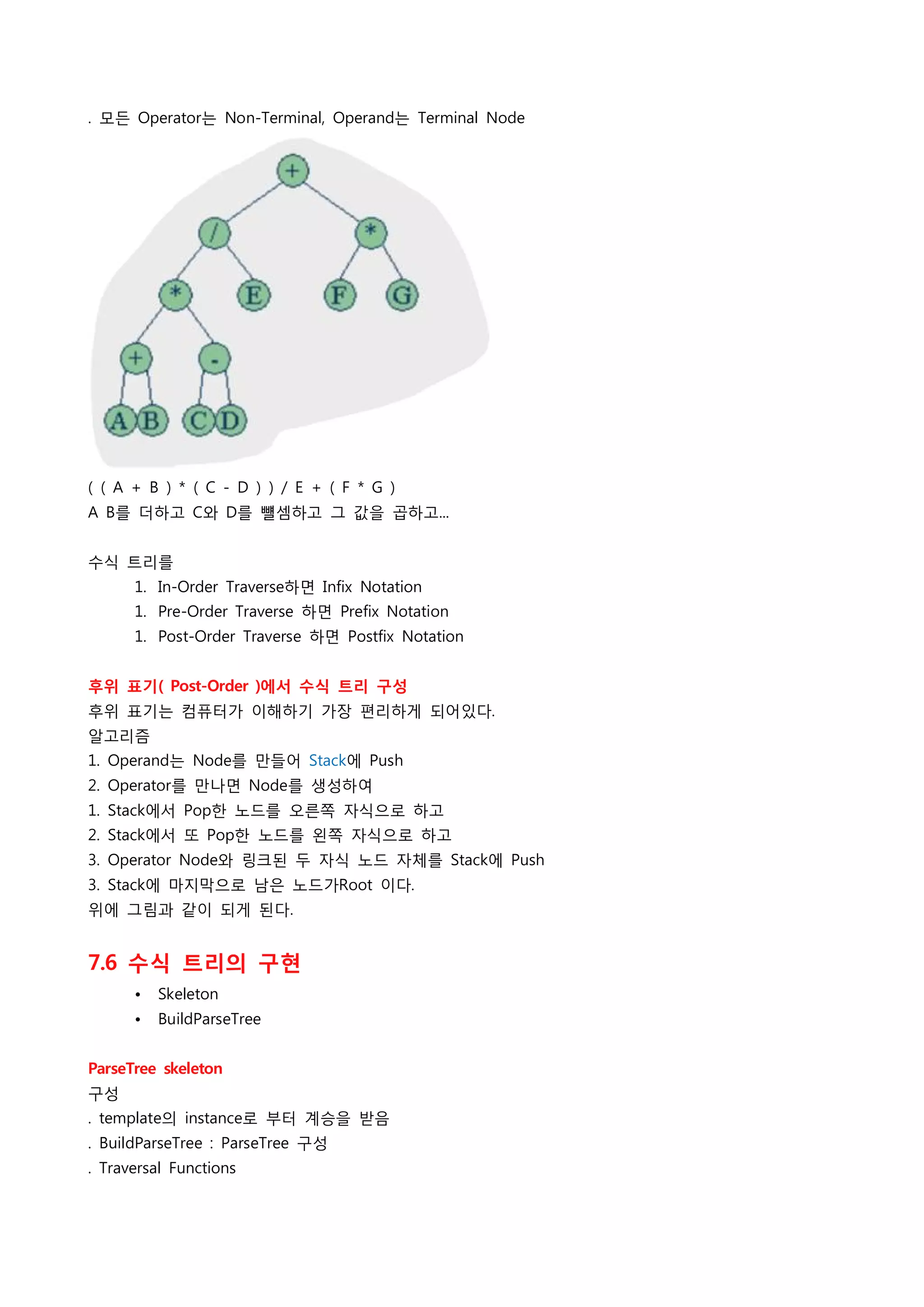 . 모든 Operator는 Non-Terminal, Operand는 Terminal Node




( ( A + B ) * ( C - D ) ) / E + ( F * G )
A B를 더하고 C와 D를 뺼셈하고 그 값을 곱하고...
 
수식 트리를
      1. In-Order Traverse하면 Infix Notation
      1. Pre-Order Traverse 하면 Prefix Notation
      1. Post-Order Traverse 하면 Postfix Notation
 
후위 표기( Post-Order )에서 수식 트리 구성
후위 표기는 컴퓨터가 이해하기 가장 편리하게 되어있다.
알고리즘
1. Operand는 Node를 만들어 Stack에 Push
2. Operator를 만나면 Node를 생성하여
1. Stack에서 Pop한 노드를 오른쪽 자식으로 하고
2. Stack에서 또 Pop한 노드를 왼쪽 자식으로 하고
3. Operator Node와 링크된 두 자식 노드 자체를 Stack에 Push
3. Stack에 마지막으로 남은 노드가Root 이다.
위에 그림과 같이 되게 된다.
 
7.6 수식 트리의 구현
      •   Skeleton
      •   BuildParseTree
 
ParseTree skeleton
구성
. template의 instance로 부터 계승을 받음
. BuildParseTree : ParseTree 구성
. Traversal Functions
 