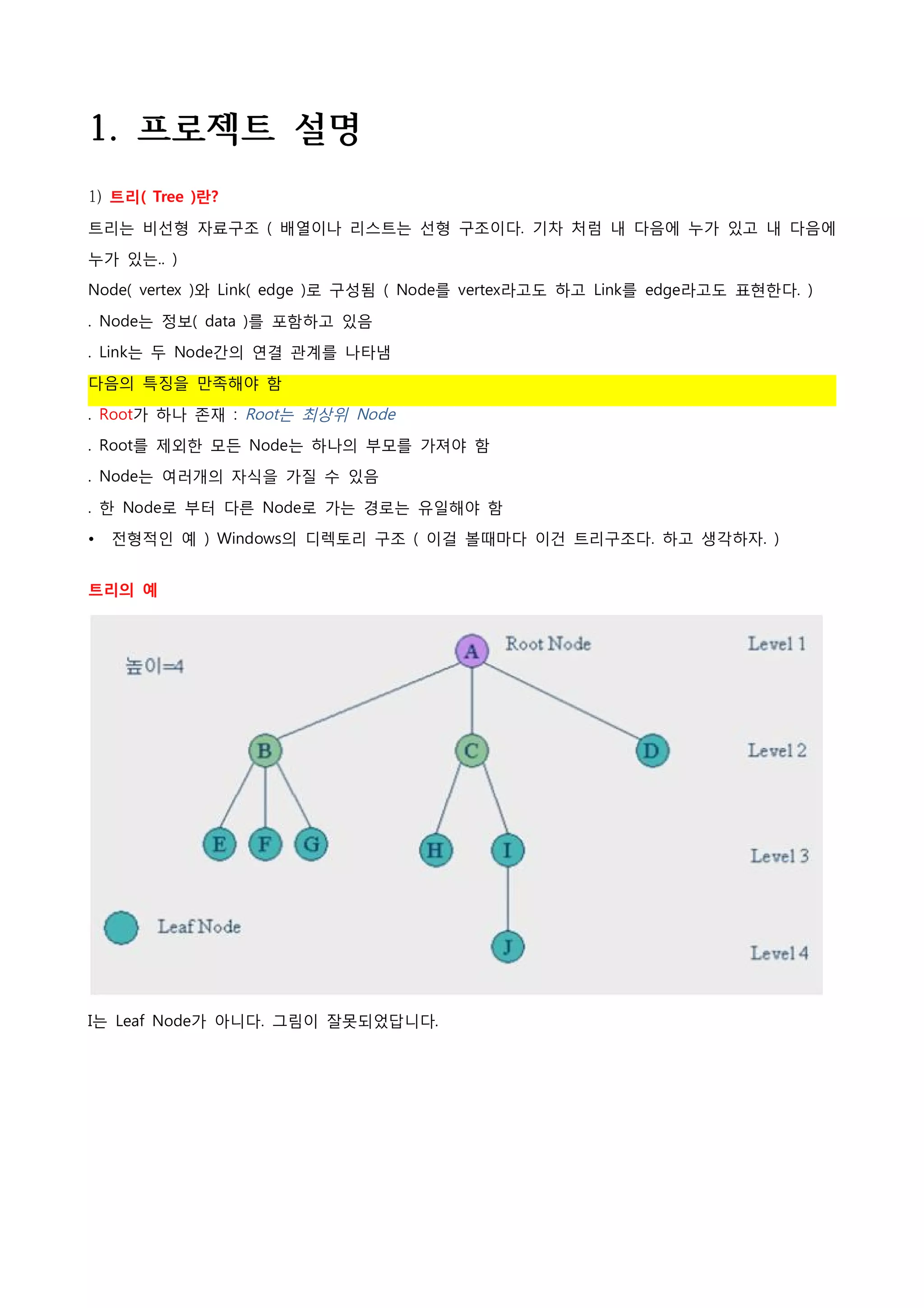 1. 프로젝트 설명
1) 트리( Tree )란?

트리는 비선형 자료구조 ( 배열이나 리스트는 선형 구조이다. 기차 처럼 내 다음에 누가 있고 내 다음에
누가 있는.. )
Node( vertex )와 Link( edge )로 구성됨 ( Node를 vertex라고도 하고 Link를 edge라고도 표현한다. )

. Node는 정보( data )를 포함하고 있음
. Link는 두 Node간의 연결 관계를 나타냄
다음의 특징을 만족해야 함

. Root가 하나 존재 : Root는 최상위 Node
. Root를 제외한 모든 Node는 하나의 부모를 가져야 함
. Node는 여러개의 자식을 가질 수 있음

. 한 Node로 부터 다른 Node로 가는 경로는 유일해야 함
•   전형적인 예 ) Windows의 디렉토리 구조 ( 이걸 볼때마다 이건 트리구조다. 하고 생각하자. )
 
트리의 예




I는 Leaf Node가 아니다. 그림이 잘못되었답니다.
 
 