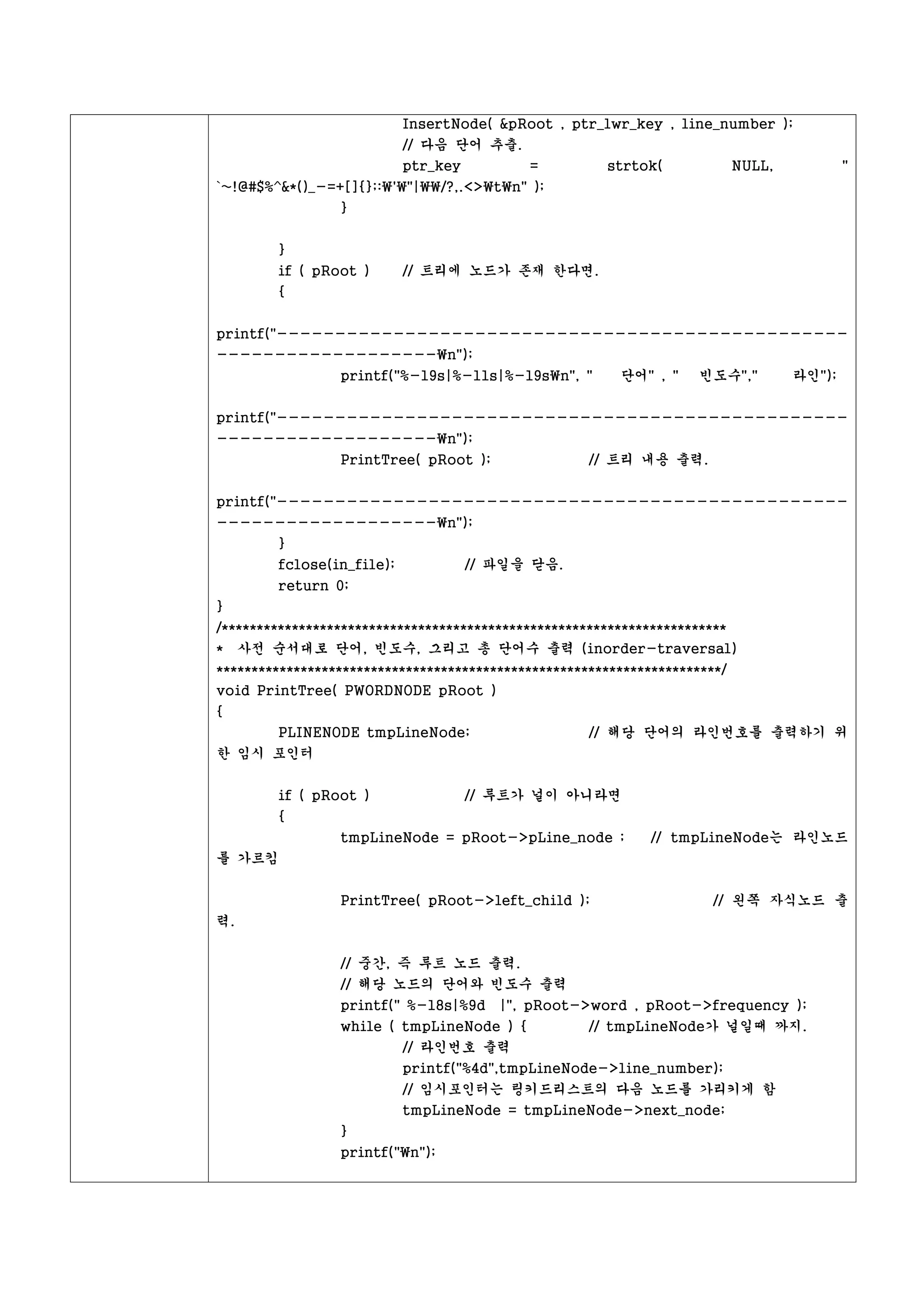 InsertNode( &pRoot , ptr_lwr_key , line_number );
                           // 다음 단어 추출.
                           ptr_key      =              strtok(              NULL,           "
`~!@#$%^&*()_-=+[]{};:'"|/?,.<>tn" );
                 }


        }
        if ( pRoot )       // 트리에 노드가 존재 한다면.
        {


printf("-------------------------------------------------
-------------------n");
                 printf("%-19s|%-11s|%-19sn", "         단어" , "     빈도수","         라인");


printf("-------------------------------------------------
-------------------n");
                 PrintTree( pRoot );                 // 트리 내용 출력.


printf("-------------------------------------------------
-------------------n");
     }
        fclose(in_file);           // 파일을 닫음.
        return 0;
}
/************************************************************************
* 사전 순서대로 단어, 빈도수, 그리고 총 단어수 출력 (inorder-traversal)
************************************************************************/
void PrintTree( PWORDNODE pRoot )
{
        PLINENODE tmpLineNode;                       // 해당 단어의 라인번호를 출력하기 위
한 임시 포인터


        if ( pRoot )               // 루트가 널이 아니라면
        {
                 tmpLineNode = pRoot->pLine_node ;            // tmpLineNode는 라인노드
를 가르킴


                 PrintTree( pRoot->left_child );                       // 왼쪽 자식노드 출
력.


                 // 중간, 즉 루트 노드 출력.
                 // 해당 노드의 단어와 빈도수 출력
                 printf(" %-18s|%9d |", pRoot->word , pRoot->frequency );
                 while ( tmpLineNode ) {             // tmpLineNode가 널일때 까지.
                         // 라인번호 출력
                           printf("%4d",tmpLineNode->line_number);
                           // 임시포인터는 링키드리스트의 다음 노드를 가리키게 함
                           tmpLineNode = tmpLineNode->next_node;
                 }
                 printf("n");
 