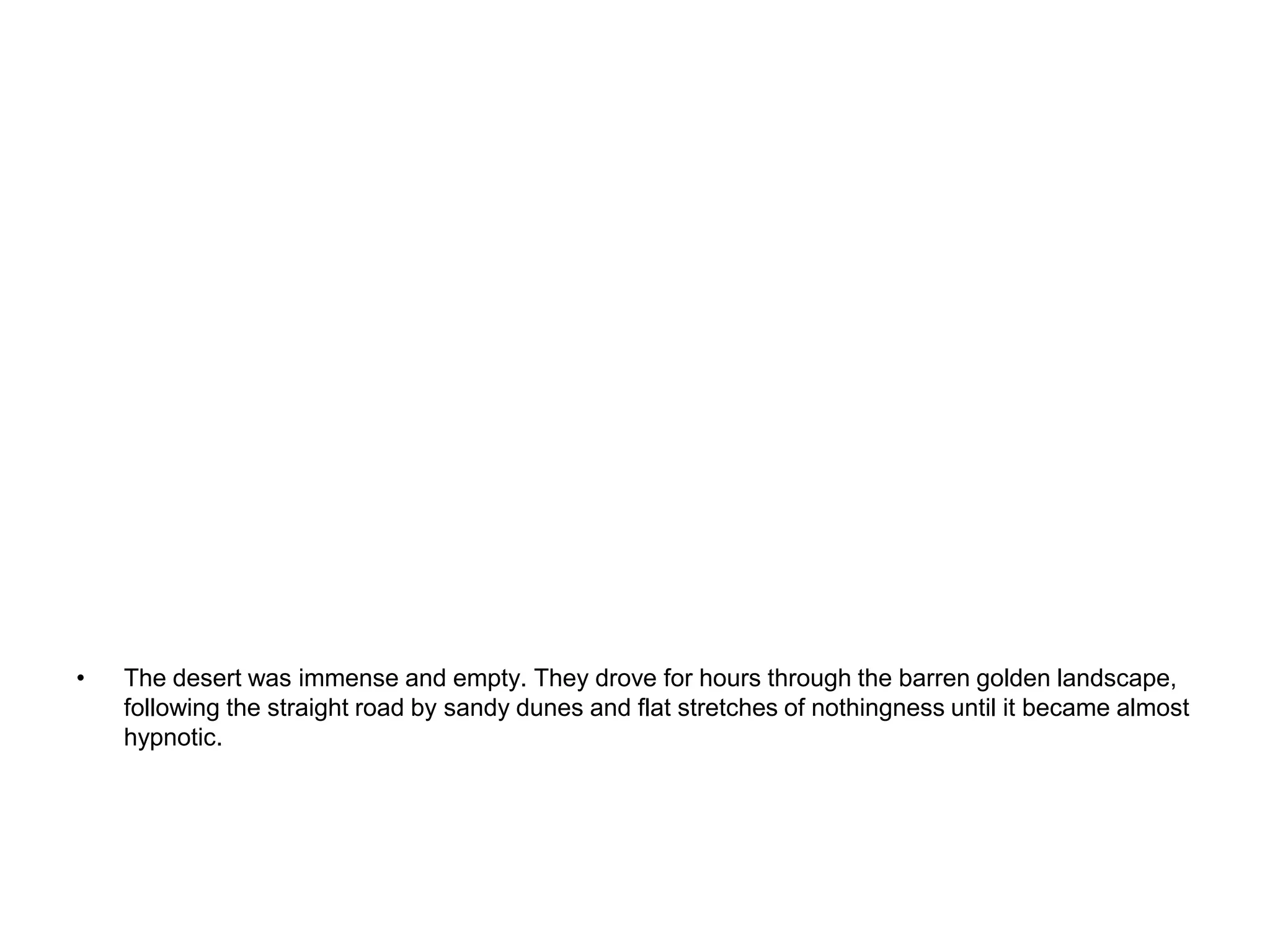 The desert was immense and empty. They drove for hours through the barren golden landscape, following the straight road by sandy dunes and flat stretches of nothingness until it became almost hypnotic.