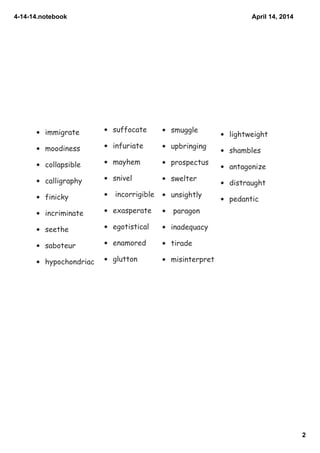 41414.notebook
2
April 14, 2014
• immigrate
• moodiness
• collapsible
• calligraphy
• finicky
• incriminate
• seethe
• saboteur
• hypochondriac
• suffocate
• infuriate
• mayhem
• snivel
• incorrigible
• exasperate
• egotistical
• enamored
• glutton
• smuggle
• upbringing
• prospectus
• swelter
• unsightly
• paragon
• inadequacy
• tirade
• misinterpret
• lightweight
• shambles
• antagonize
• distraught
• pedantic