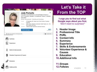 Let’s Take it
From the TOP
114/14/2016
1. Header Image
2. Professional Title
3. PURL
4. Contact Info
5. Summary
6. Experience
7. Skills & Endorsements
8. Volunteer Experience &
Causes
9. Education
10.Additional Info
11.Groups
12.Follows
I urge you to find out what
Google says about you first.
“Don’t need no surprises!”
 