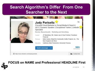134/14/2016
Search Algorithm’s Differ From One
Searcher to the Next
FOCUS on NAME and Professional HEADLINE First
 