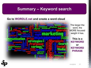 214/14/2016
Summary – Keyword search
Go to WORDLE.net and create a word cloud
The larger the
word, the
MORE focused
weight it has.
This is a
KEYWORD
or
KEYWORD
PHRASE
 