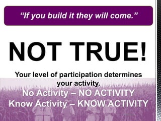 74/14/2016
“If you build it they will come.”
Your level of participation determines
your activity.
No Activity – NO ACTIVITY
Know Activity – KNOW ACTIVITY
NOT TRUE!
 