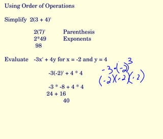 Using Order of Operations Simplify  2(3 + 4) 2 2(7) 2 Parenthesis 2*49 Exponents   98 Evaluate -3x 3  + 4y for x = -2 and y = 4 -3(-2) 3  + 4 * 4 -3 * -8 + 4 * 4   24 + 16 40 