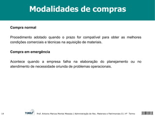 Modalidades de compras Compra normal Procedimento adotado quando o prazo for compatível para obter as melhores condições comerciais e técnicas na aquisição de materiais. Compra em emergência Acontece quando a empresa falha na elaboração do planejamento ou no atendimento de necessidade oriunda de problemas operacionais. 