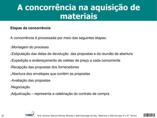 A concorrência na aquisição de materiais Etapas da concorrência A concorrência é processada por meio das seguintes etapas: Montagem do processo Estipulação das datas de devolução  das propostas e da reunião de abertura Expedição e endereçamento de coletas de preço a cada concorrente Recepção das propostas dos fornecedores Abertura dos envelopes que contém as propostas Avaliação das propostas Negociação  Adjudicação – representa a celebração do contrato de compra 
