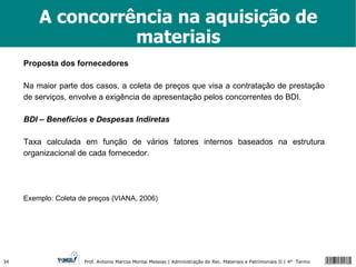 A concorrência na aquisição de materiais Proposta dos fornecedores Na maior parte dos casos, a coleta de preços que visa a contratação de prestação de serviços, envolve a exigência de apresentação pelos concorrentes do BDI. BDI – Benefícios e Despesas Indiretas Taxa calculada em função de vários fatores internos baseados na estrutura organizacional de cada fornecedor. Exemplo: Coleta de preços (VIANA, 2006) 