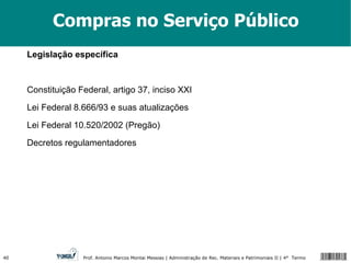 Compras no Serviço Público Legislação específica Constituição Federal, artigo 37, inciso XXI Lei Federal 8.666/93 e suas atualizações Lei Federal 10.520/2002 (Pregão) Decretos regulamentadores 